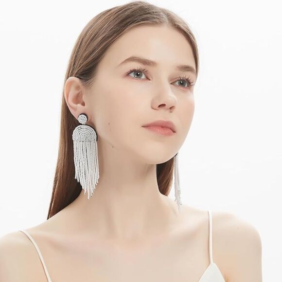 Long Boho White Beaded Tassel Fringe Dangling Drop Fan Chandelier Post Earrings - Picture 5 of 7